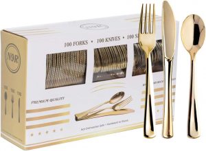 N9R Polished Gold Plastic Utensils / Cutlery, 300-Piece