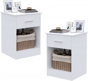 Reettic Storage Shelf & Drawer Wooden Bedside Tables, 2-Pack