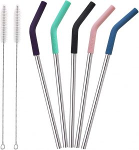 Senneny Flexible Silicone Tips Reusable Metal Straws, 5-Pack