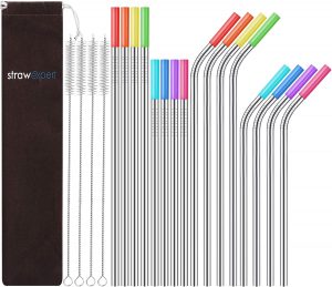 StrawExpert Food Grade Silicone Tips Reusable Metal Straws, 16-Pack