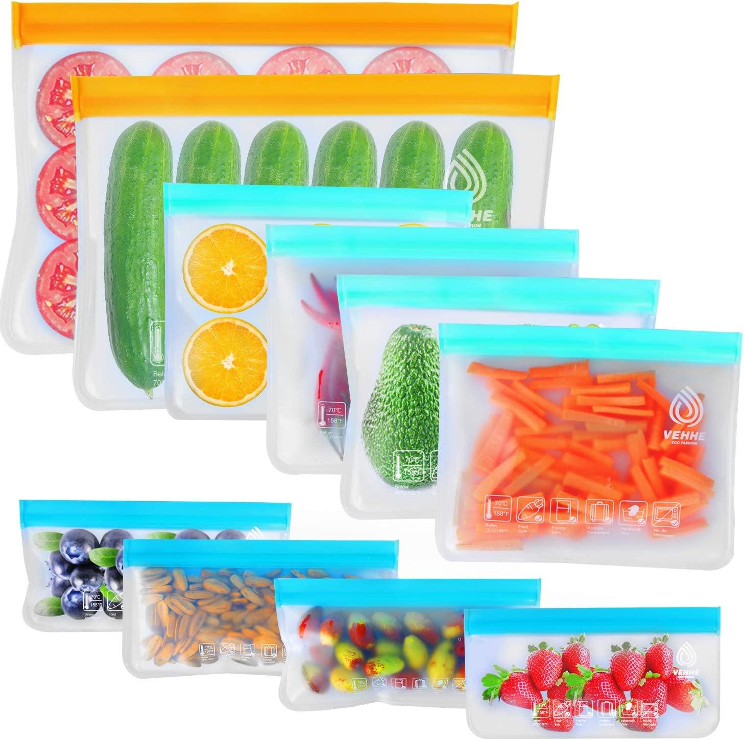 VEHHE Leak Resistant Silicone Food Storage Bags, 10-Pack