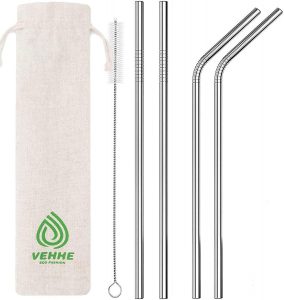 VEHHE Stainless Steel Reusable Metal Straws, 4-Pack
