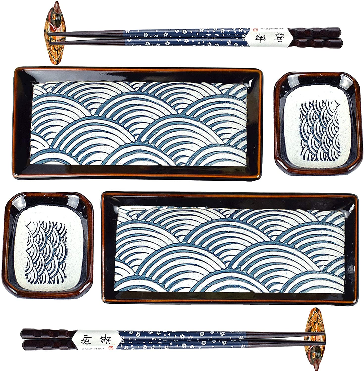 Relaxing Garden 6 piece sushi plate set, 10-inch ceramic rectangle sushi  dishes, sushi serving set for 2, with 2 sushi plates 2 sauce bowls 2 pairs  of