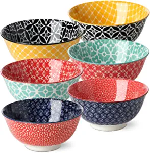 DOWAN Vibrant Patterned Microwavable Ceramic Cereal Bowls, 6 Count