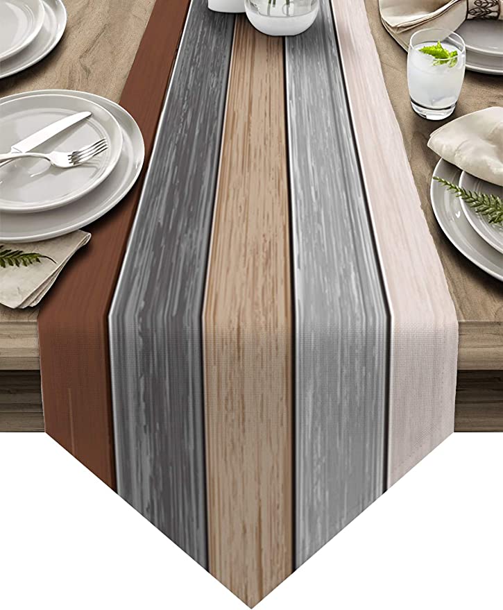 FAMILYDECOR Rustic Barnwood-Inspired Striped Burlap Linen Table Runner