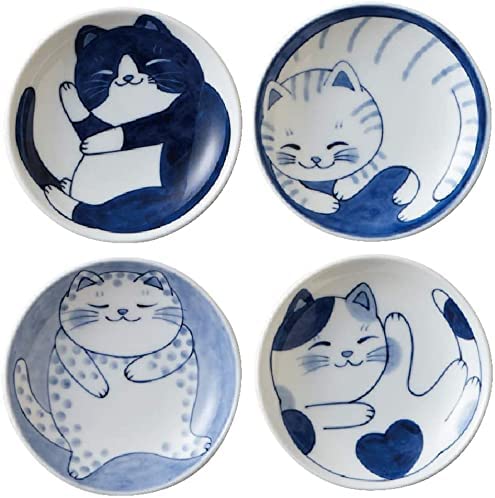 Mino Ware Assorted Cat Designs Ceramic Plates, 4-Piece