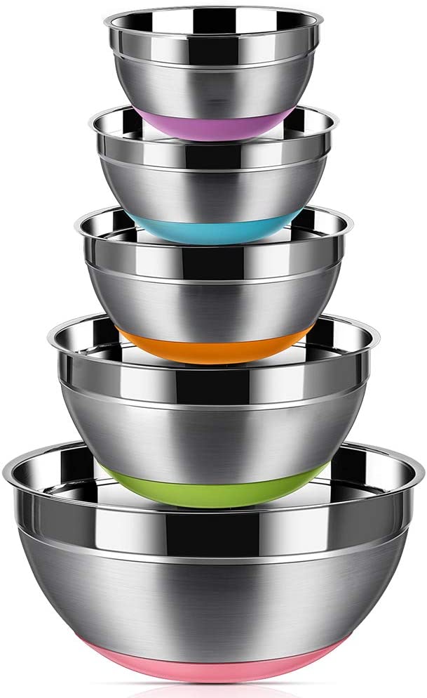 REGILLER Stainless Steel Colorful Silicone Bottom Nesting Mixing Bowls, 5 Piece