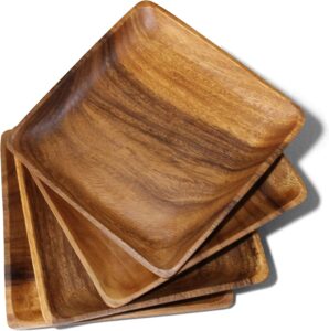 WRIGHTMART Handmade Square Wooden Plates, 4-Piece