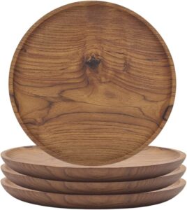 YUNIFF Break-Resistant Teak Wooden Plates, 4-Piece