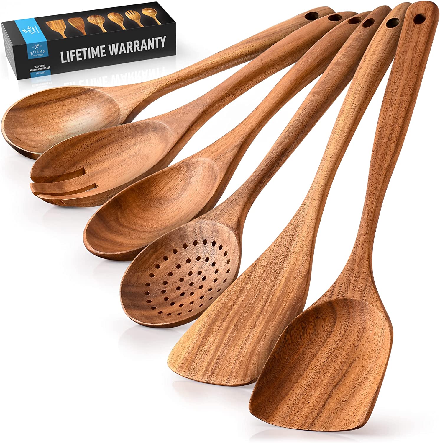Zulay Kitchen Easy Clean Organic Wooden Spoon & Spoon Set, 6-Piece
