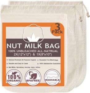 CHAIN Unbleached Cotton Washable Nut Bags, 3-Pack