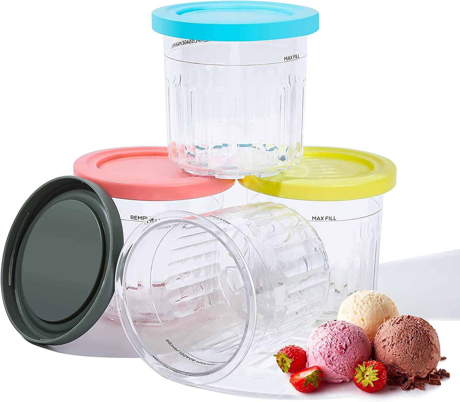 CUTIECLUB 4 Ice Cream Pint Containers and Lids for Ninja CREAMi Breeze  NC100 & NC200 Series CREAMi Ice Cream Makers, and Stainless Steel Ice Cream