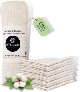 mioeco Unbleached Organic Cotton Reusable Paper Towels, 10-Count