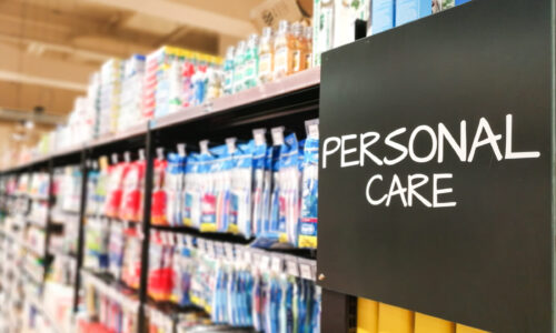 Personal care items sign in grocery store