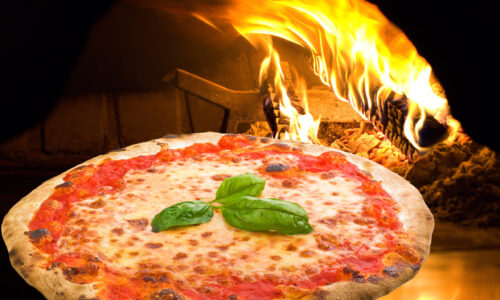 Pizza Margherita in a pizza oven
