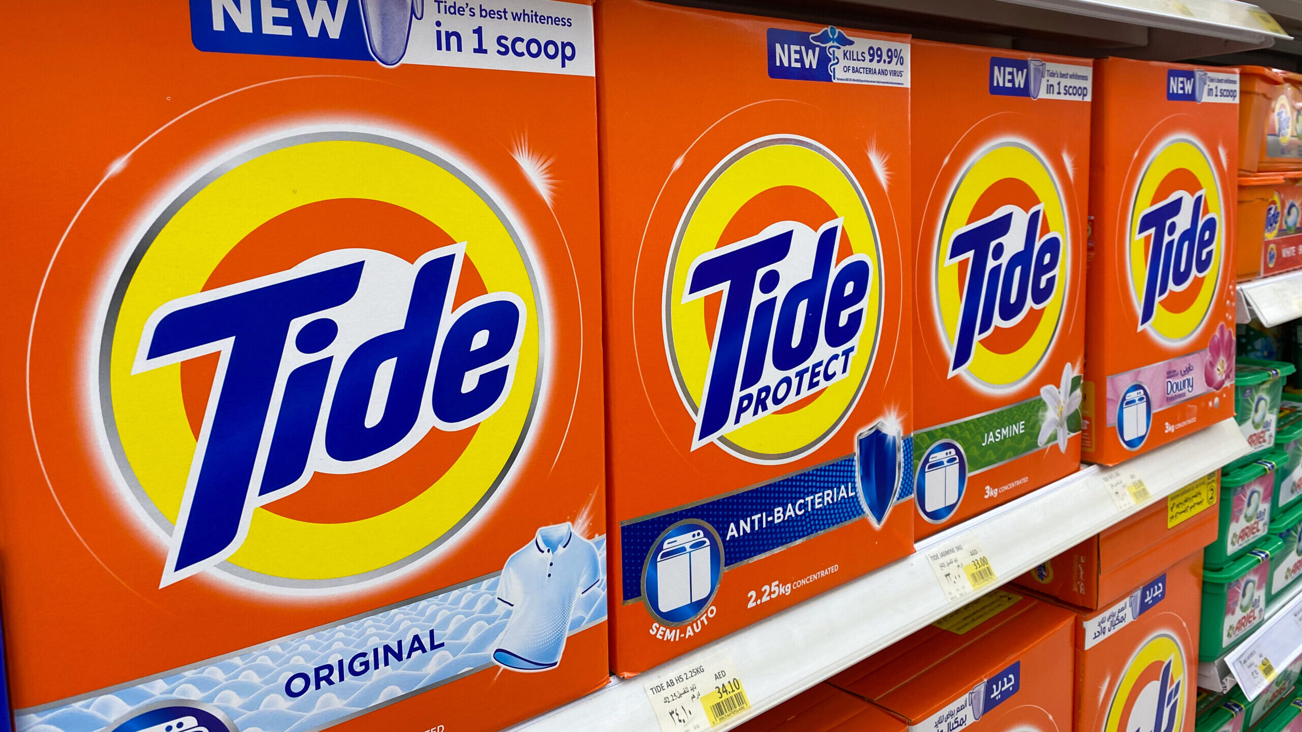 Tide detergent boxes on store shelf