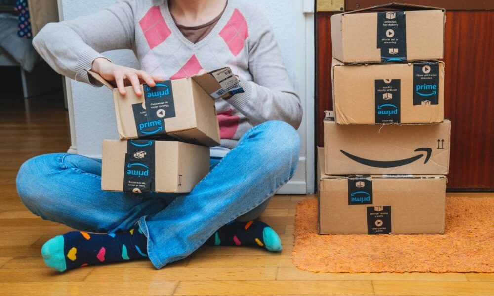 Woman opens Amazon boxes