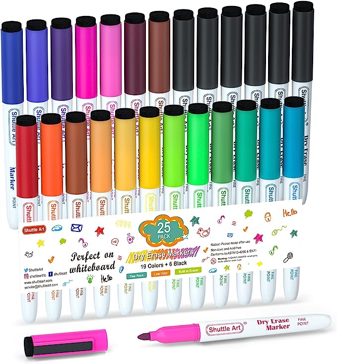 Shuttle Art Wipe Clean Magnetic Dry Erase Markers, 25-Count