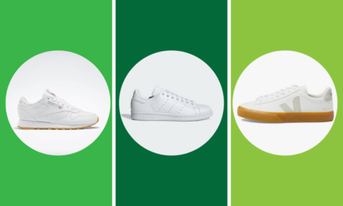 3 white sneakers on green background
