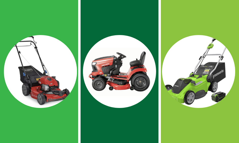 Three of the best lawn mowers shown in a row