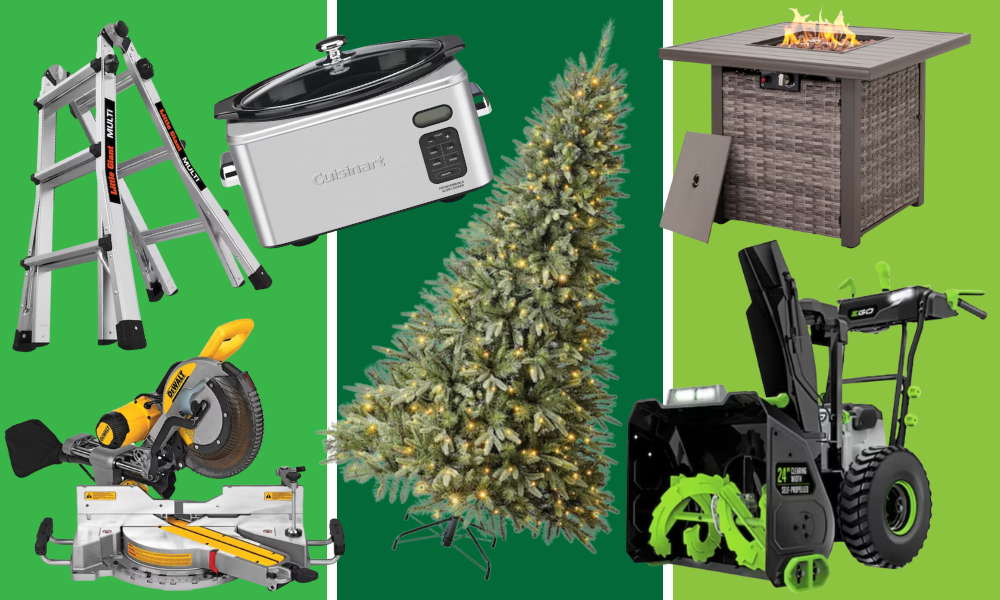 collage of products on green background