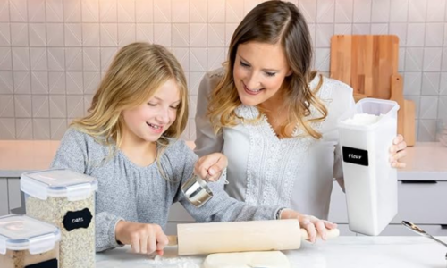 Mom and daughter use food storage containers while baking