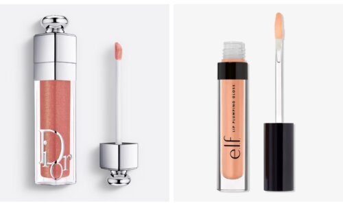 pink dior lip gloss container next to peachy pink elf lip gloss container, both on white backgrounds