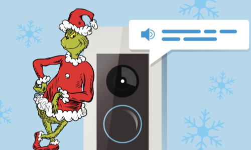 grinch leaning on a ring doorbell