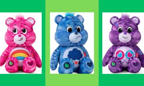 Trio of Care Bears on sale at Amazon (l. to r.) Pink Cheer Bear, Blue Grumpy Bear, Purple Share Bear