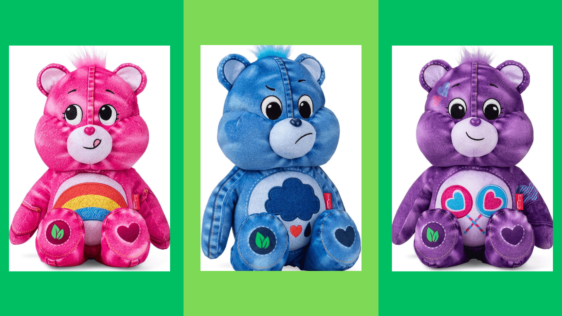 Trio of Care Bears on sale at Amazon (l. to r.) Pink Cheer Bear, Blue Grumpy Bear, Purple Share Bear
