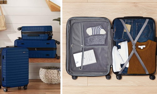 side by side images of navy blue carry-on suitcase