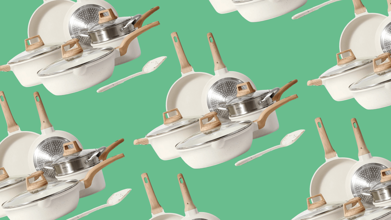 white cooking set on green background