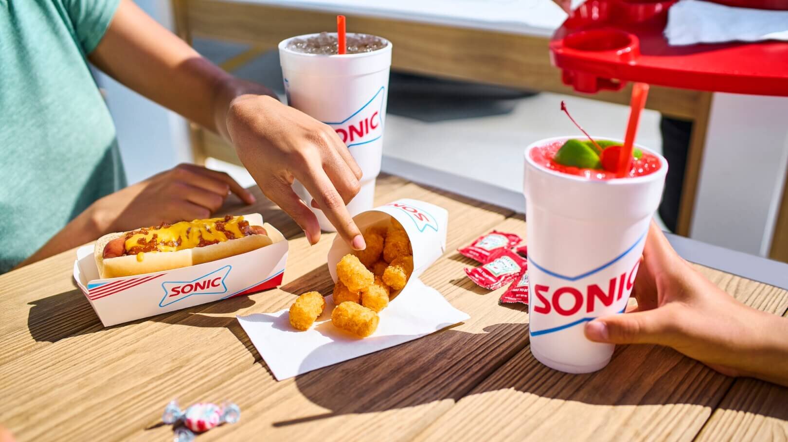 Drinks and food on table top at Sonic