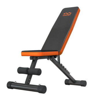 An orange and grey adjustable Lusper brand weight bench 