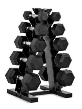 A set of CAP dumbbells of various weights on a weight rack