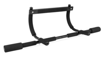 A black Prosource Fit pull-up bar with foam grip handles 