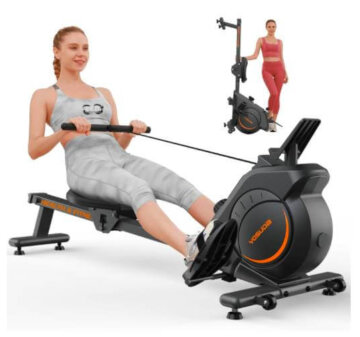 An adult woman in grey workout clothes pulling the handle of a Yosuda rowing machine 