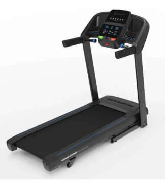 A black Horizon Fitness treadmill 