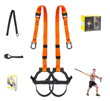 A set of orange and black Moulyan resistance straps for exercising, with smaller images of a man using the straps, and the straps' packaging