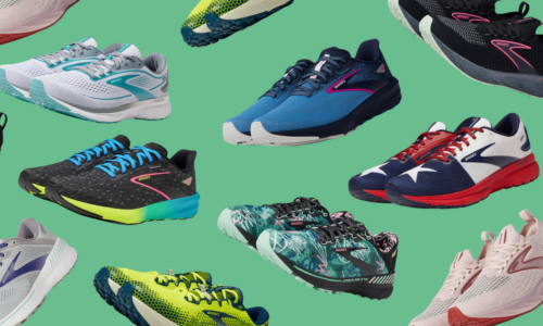collage of Brooks athletic shoes on green background