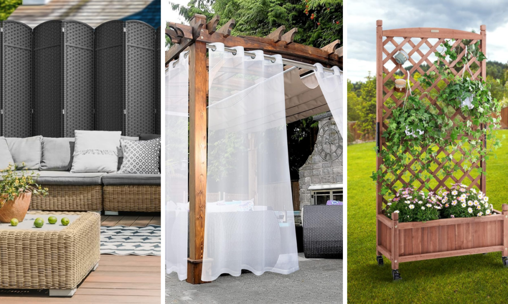 A privacy screen sits behind an outdoor couch, curtains are hung from a pergola, and ivy grows on a trellis.
