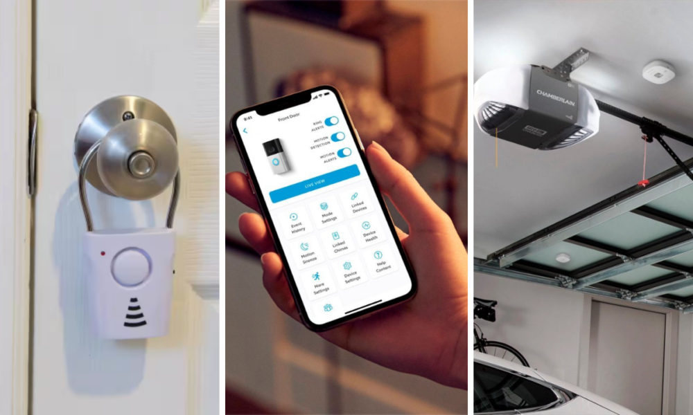 Tri-fold image of door alarm, Ring camera app, and automatic garage door opener