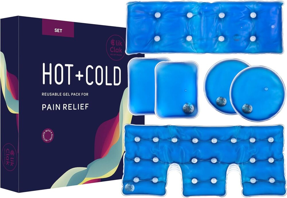 Blue box of hot and cold reusable get pack on the left, on the right 6 blue gel packs