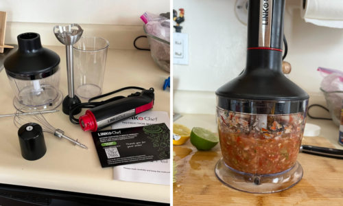 A linkchef immersion blender is arranged on a counter, and the blender is used to create salsa.